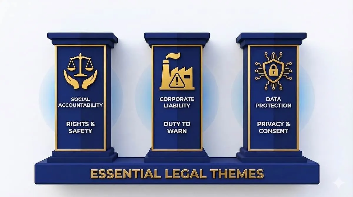 Illustration showing three core legal themes: Social Accountability, Corporate Liability, and Data Protection as pillars of legal education.