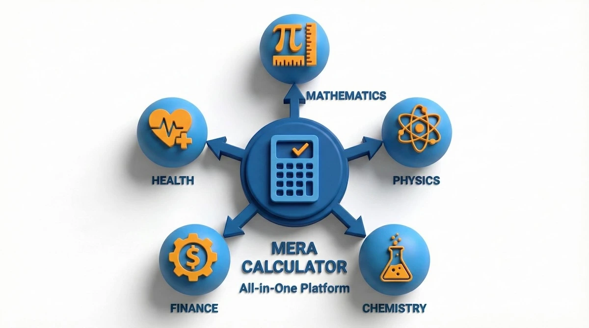 Concept map showing Mera Calculator categories: Mathematics, Physics, Chemistry, Finance, and Health tools in one platform.