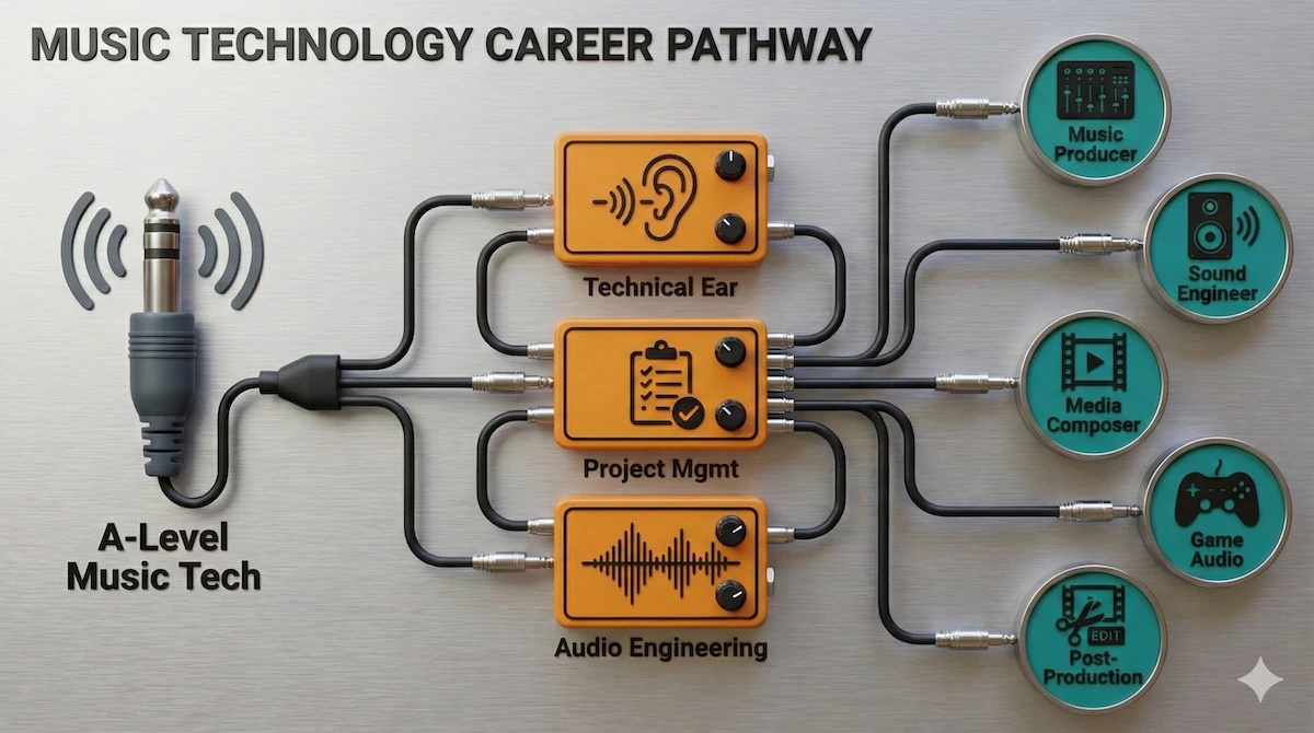 Career pathway infographic showing how A-Level Music Technology skills lead to jobs like Music Producer, Sound Engineer, Game Audio Designer, and Composer.