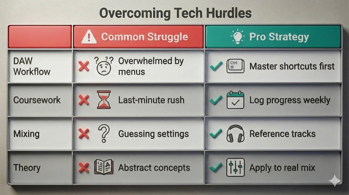 Comparison table showing common A-Level Music Technology struggles like complex DAWs versus professional strategies like mastering shortcuts and referencing tracks.