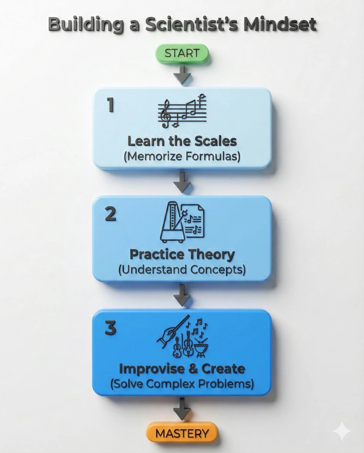 Flowchart illustrating the scientific mindset development from learning scales (formulas) to improvisation (problem solving).
