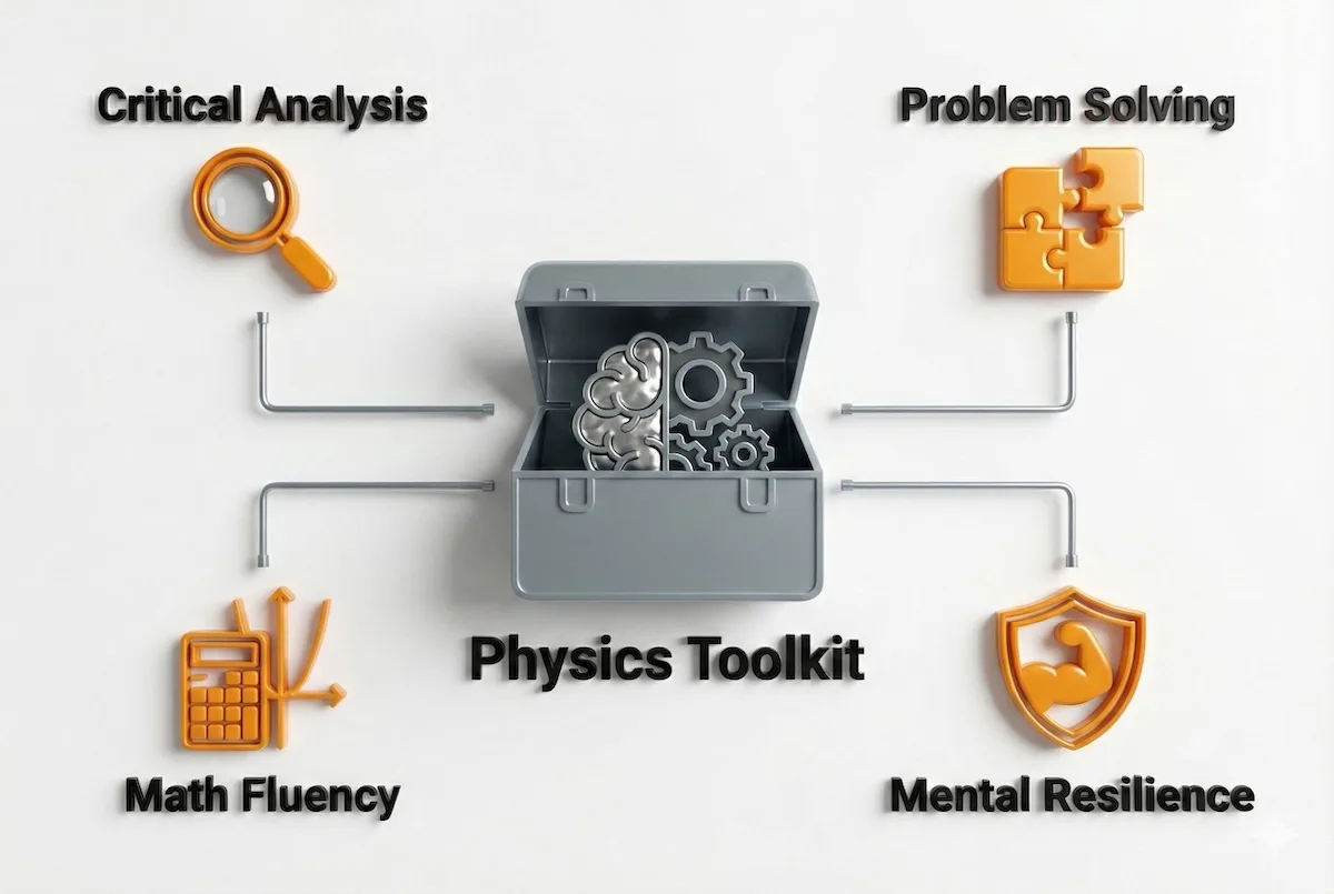 Illustration of the physics skills toolkit including critical analysis, problem solving, math fluency, and resilience.