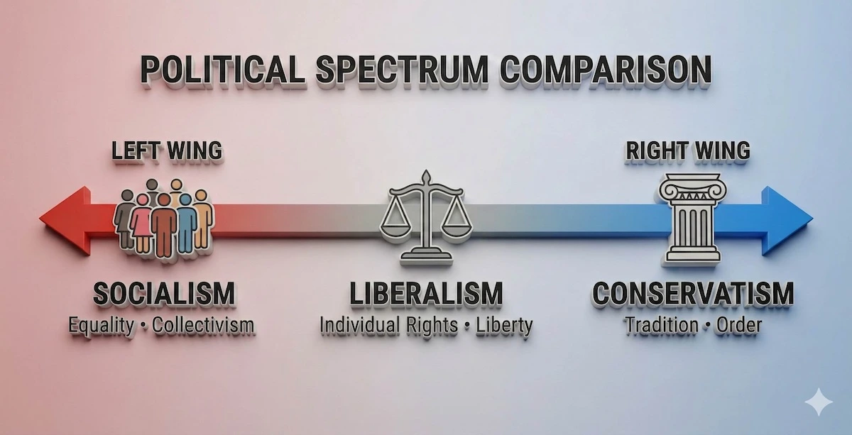 Political spectrum infographic showing the relationship between Socialism, Liberalism, and Conservatism ideologies for A-Level students.