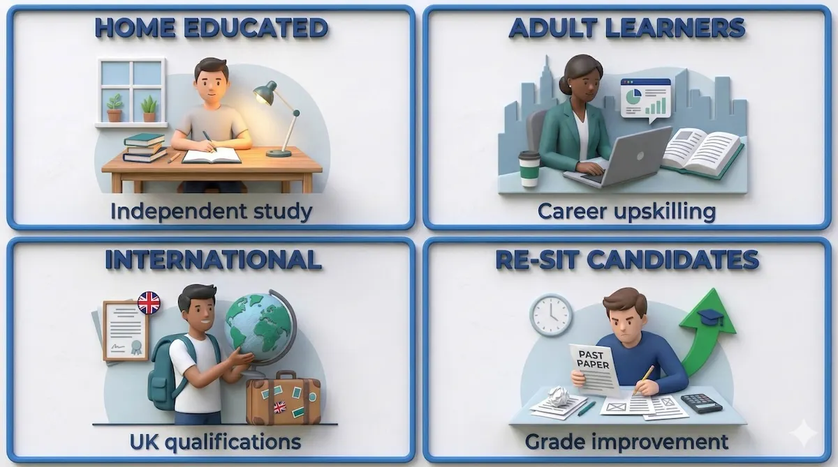 Grid illustration showing four types of private exam candidates: home educated students, adult learners, international students, and exam re-sit candidates.