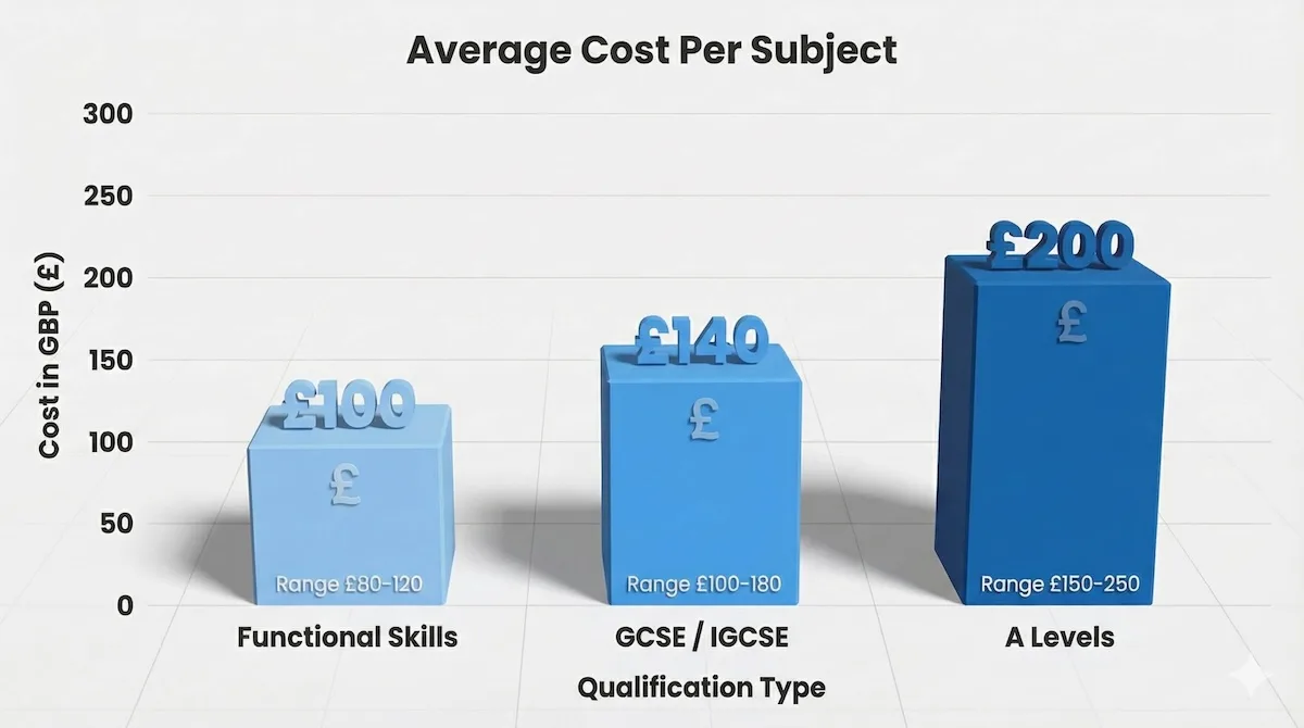 Bar chart showing average private exam costs: Functional Skills (£100), GCSE (£140), and A Levels (£200) per subject.