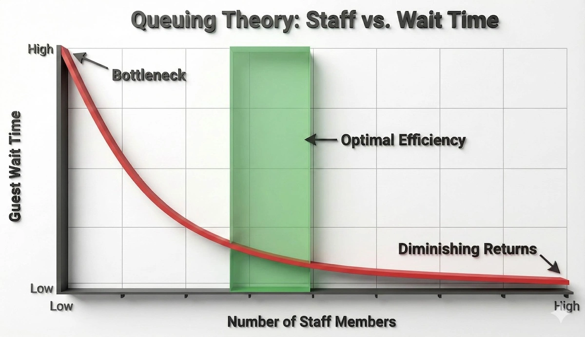 Line graph demonstrating Queuing Theory: As staff numbers increase, guest wait times decrease until a point of diminishing returns, highlighting the optimal efficiency zone.