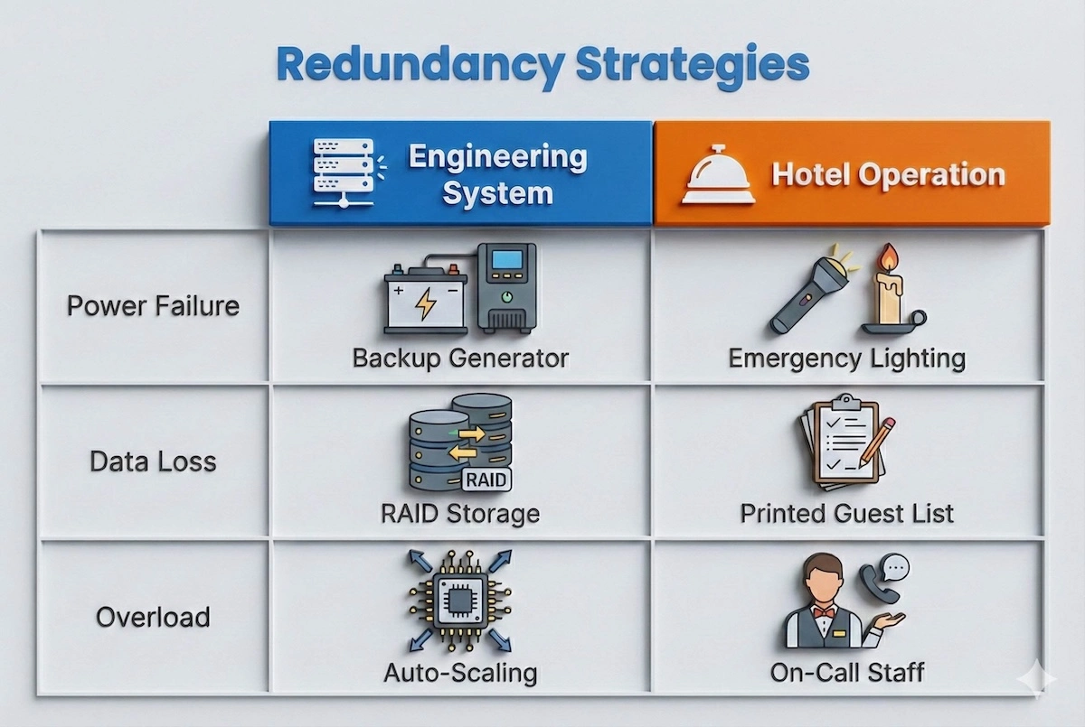 Comparison table showing redundancy strategies: Engineering systems use generators and RAID storage, while hotels use emergency lighting and printed lists as fail-safes.