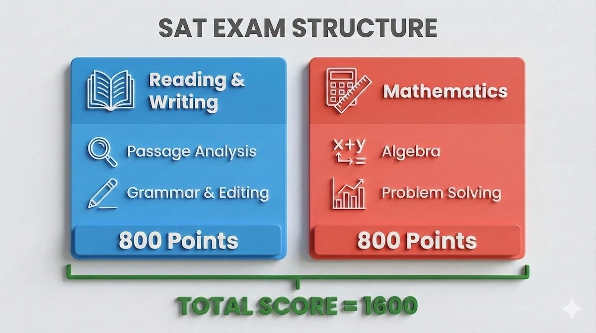 Chart illustrating SAT structure with Reading and Writing section worth 800 points and Math section worth 800 points, totaling 1600.