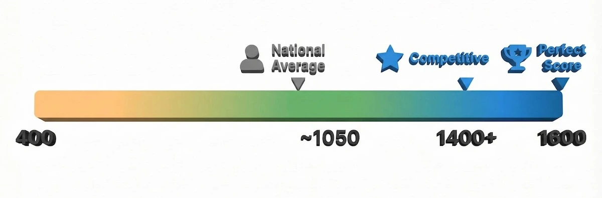 SAT scoring scale visualization showing national average around 1050, competitive scores at 1400+, and perfect score at 1600.
