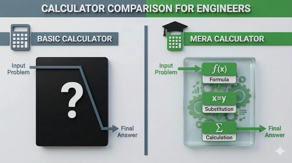 Comparison of basic calculators showing only answers versus Mera Calculator showing formula, substitution, and calculation steps.