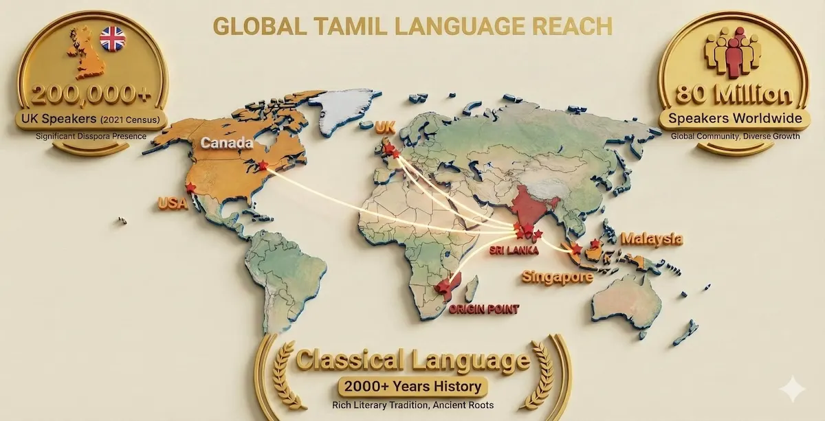 World map infographic showing 80 million Tamil speakers globally, highlighting diaspora in UK, USA, and Asia, and classical language status.