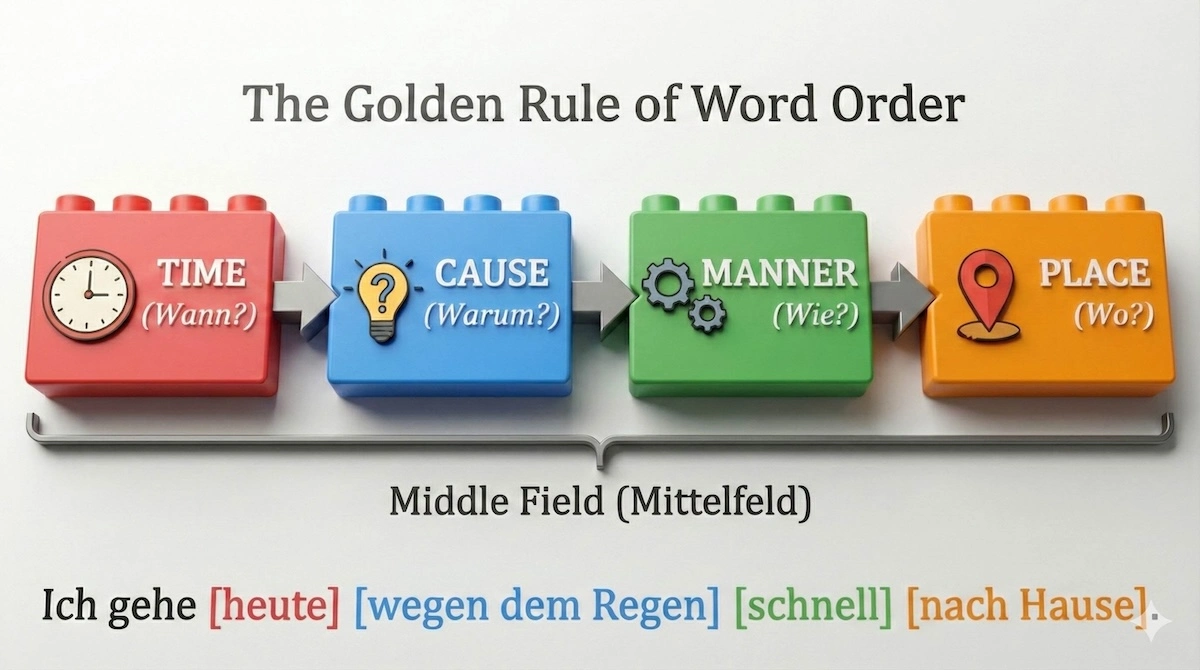 Infographic explaining the TeKaMoLo rule for German word order: Time, Cause, Manner, and Place arranged in correct syntactic sequence.