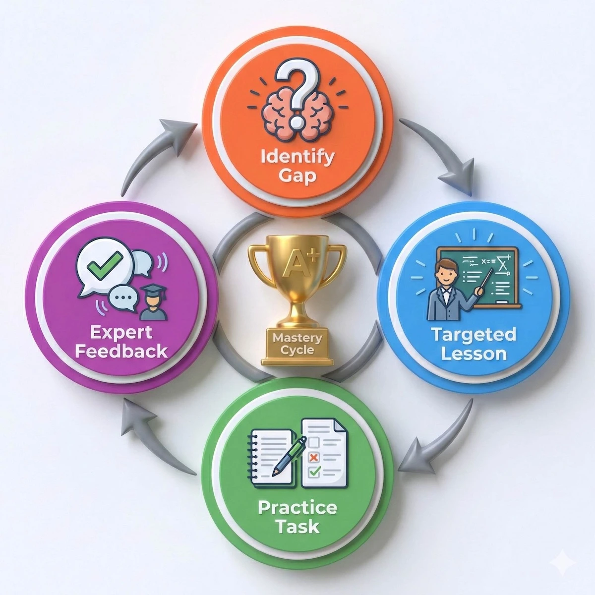 Tutoring feedback loop diagram showing the process from identifying knowledge gaps to expert feedback and mastery.