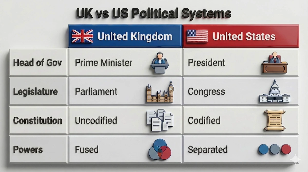 Comparison table of UK versus US political systems showing differences in Executive, Legislature, and Constitution for A-Level Comparative Politics.
