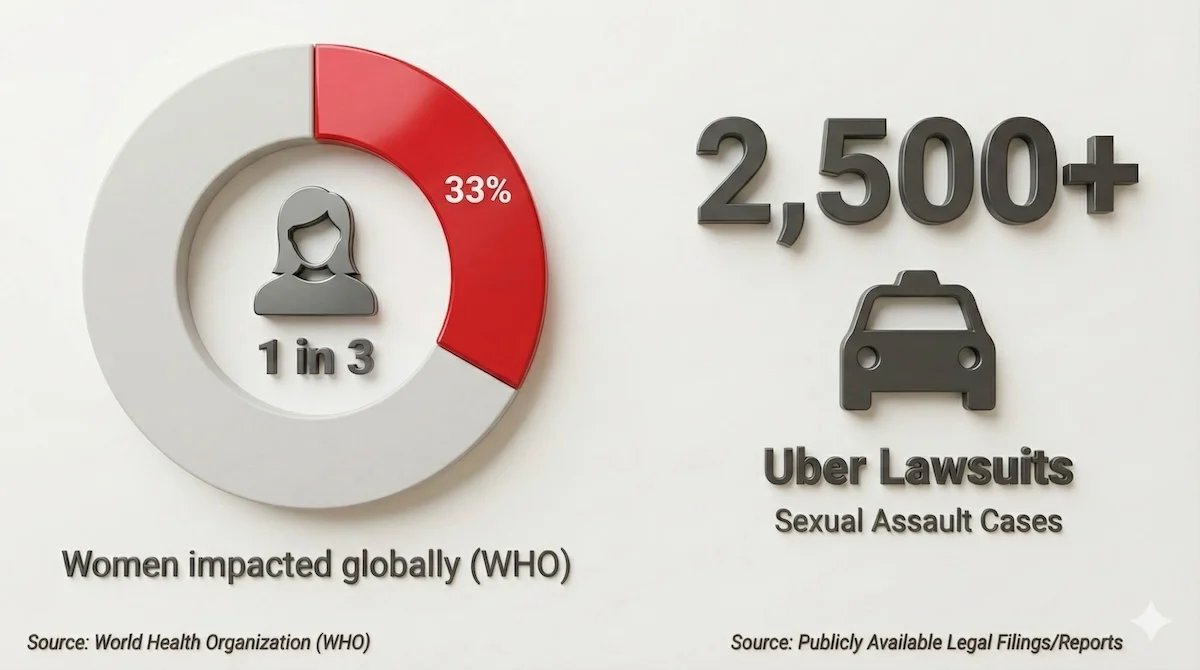 Data chart showing WHO statistics that 1 in 3 women face violence, and over 2,500 Uber sexual assault lawsuits filed.