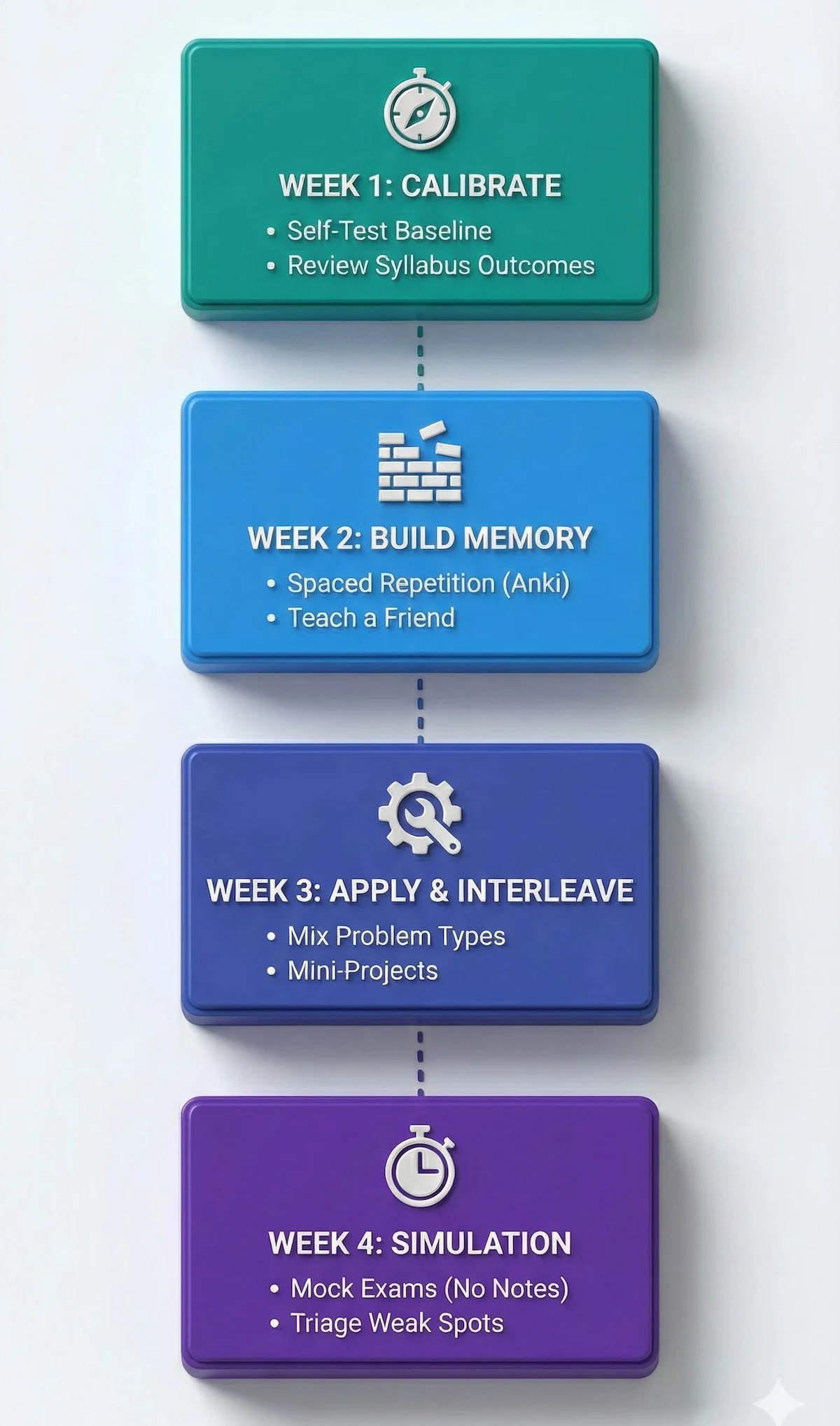 4-week engineering study plan timeline showing Week 1 calibration, Week 2 memory building, Week 3 application, and Week 4 exam simulation.