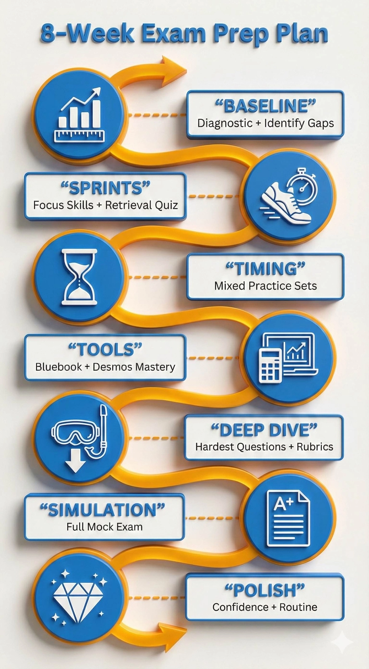8-week timeline for competitive math exam preparation starting with diagnostics and ending with full simulation and confidence polishing.