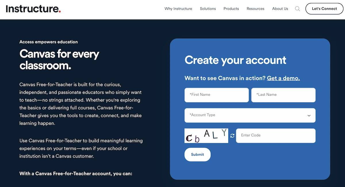 Canvas LMS pricing page