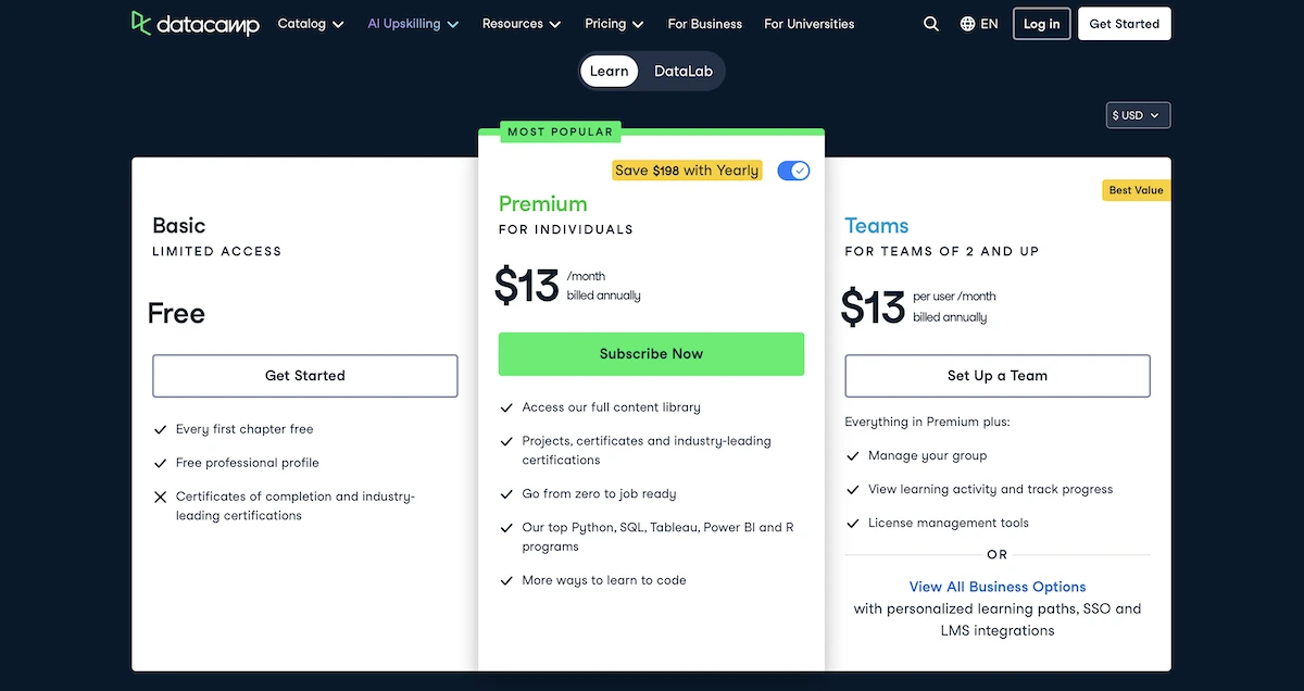 DataCamp pricing page