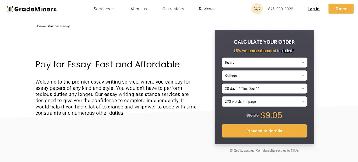 GradeMiners pay for essay page