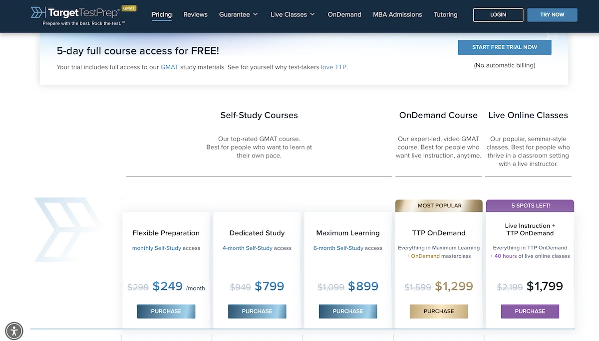 Target Test Prep Pricing page