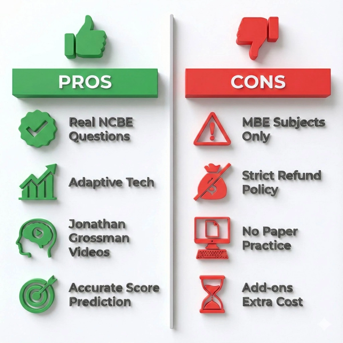 Pros and cons summary for AdaptiBar; benefits include real NCBE questions while drawbacks include strict refund policy and no paper practice.