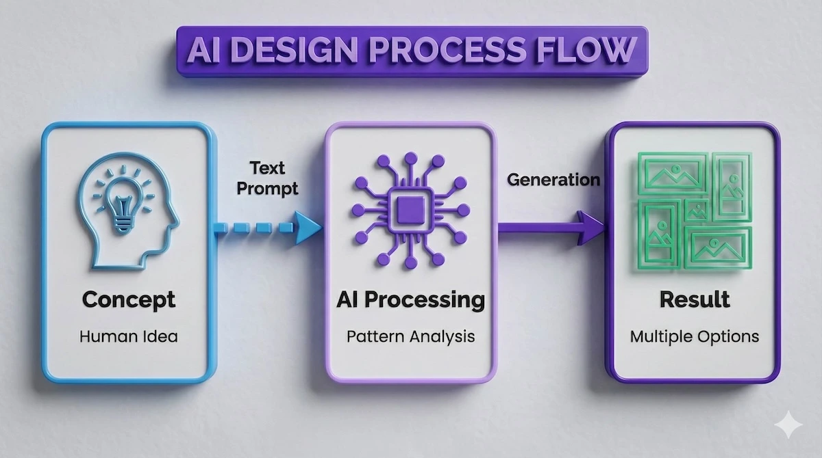 Flowchart showing the AI design process starting from human concept, moving through AI processing, and resulting in multiple generated design options.