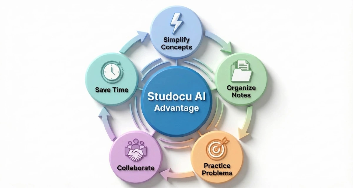 Infographic cycle showing the five key benefits of using AI tools: simplifying concepts, organizing notes, practicing problems, collaborating, and saving time.