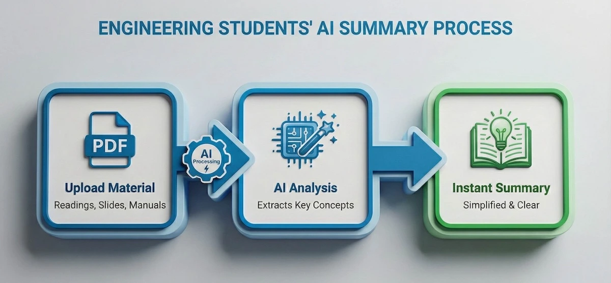 Three-step process flowchart showing how to upload dense STEM study materials and receive instant AI-generated simple summaries.