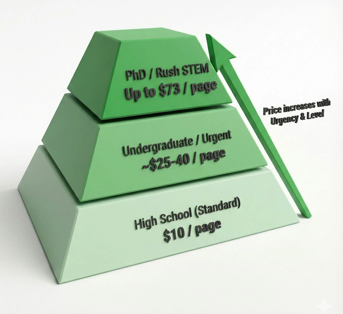 Pricing pyramid showing costs rising from $10 for high school work to $73 per page for PhD level urgent tasks.