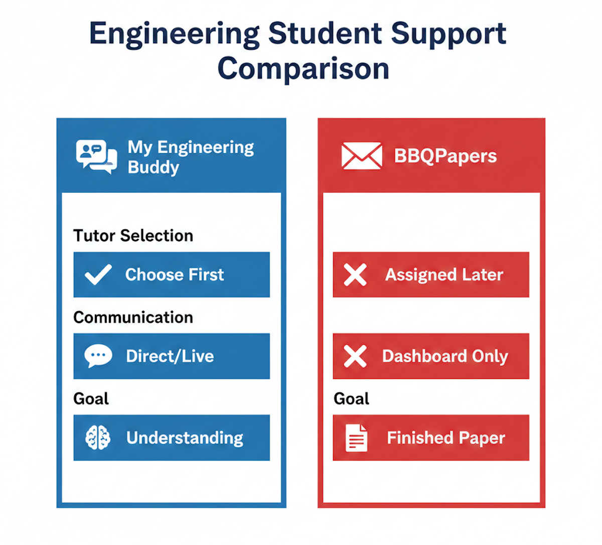 Comparison table showing My Engineering Buddy's 1:1 tutoring features versus BBQPapers' automated writer assignment.