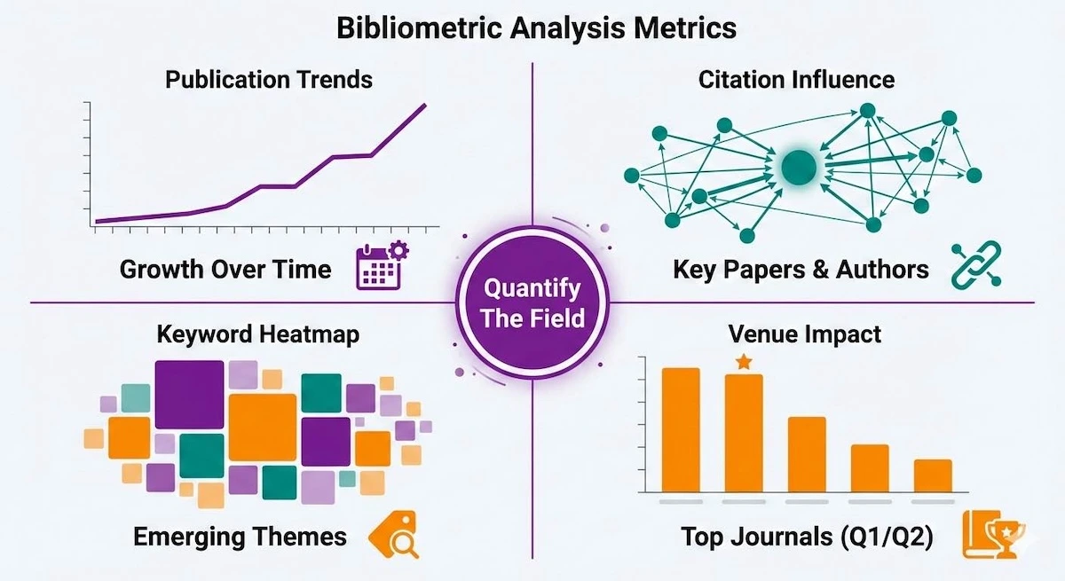 Infographic explaining bibliometric analysis components: publication trends, citation influence networks, keyword heatmaps, and journal impact analysis.