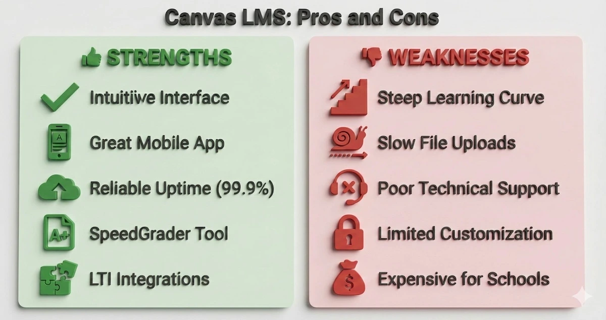 Pros and cons list for Canvas LMS highlighting intuitive interface and mobile app versus slow support and high costs.