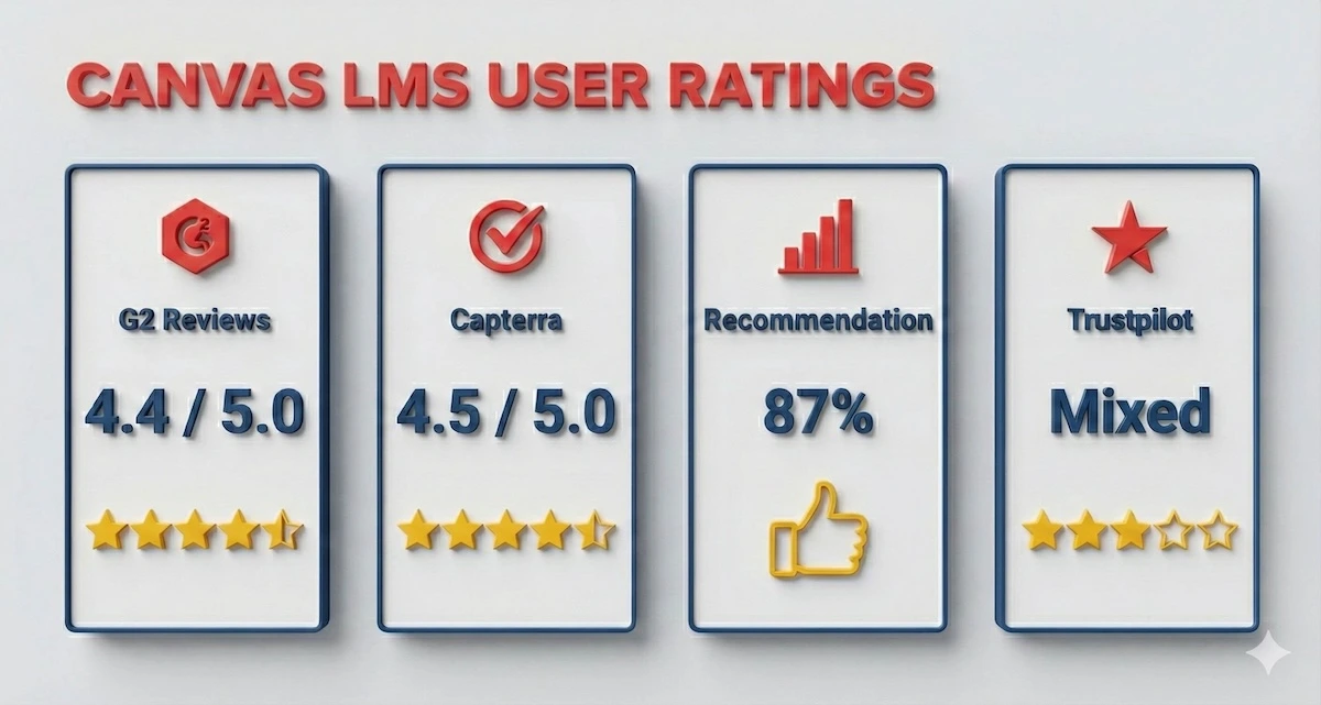 Dashboard infographic showing Canvas LMS user ratings: 4.4/5 on G2, 4.5/5 on Capterra, 87% recommendation on SoftwareReviews, and 3/5 stars on Trustpilot.
