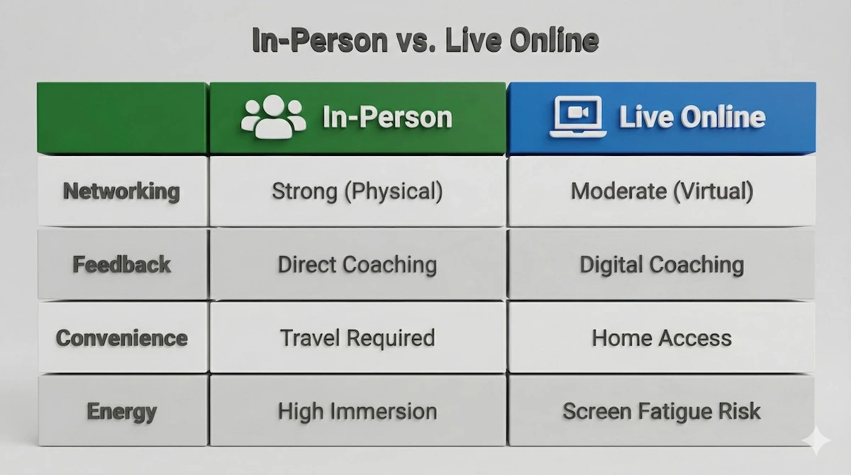 Comparison of Dale Carnegie In-Person vs Live Online training formats focusing on networking, feedback, convenience, and energy.