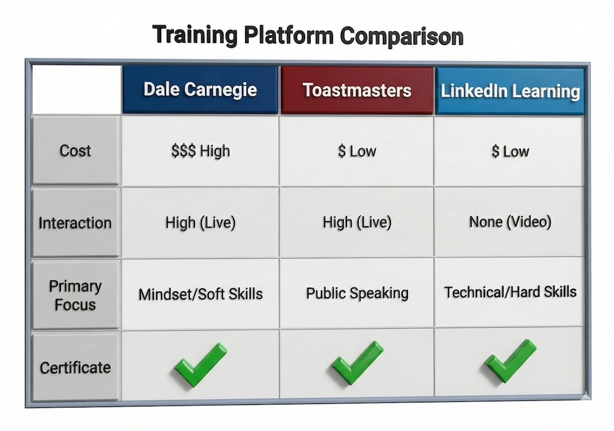 Comparison table of Dale Carnegie vs Toastmasters vs LinkedIn Learning covering cost, interaction, focus, and certification.