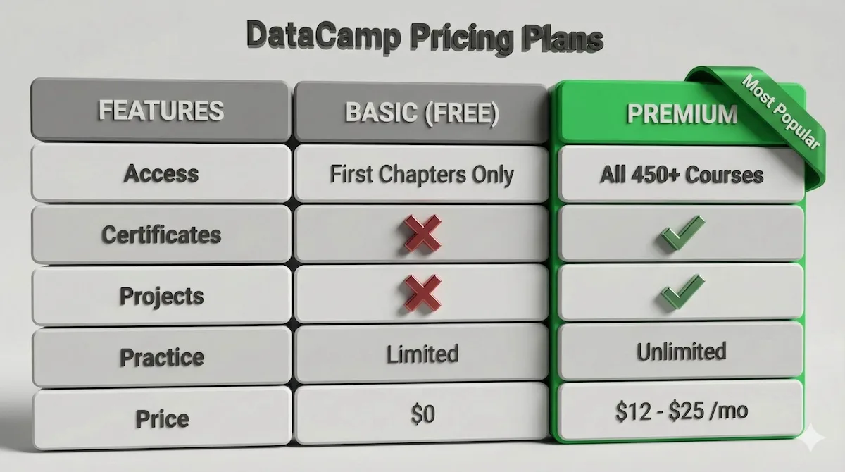 Pricing comparison table showing DataCamp Free vs Premium plans, highlighting unlimited access and certificates in the paid version.