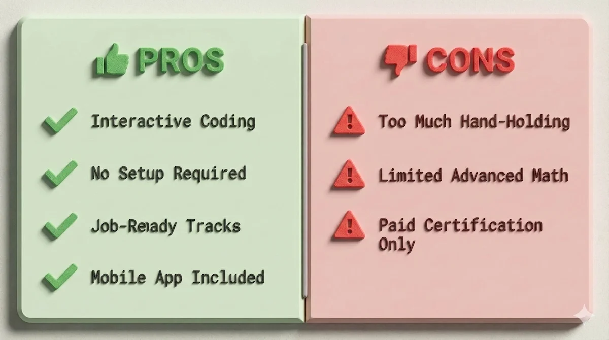 Pros and cons list for DataCamp, highlighting interactive coding as a benefit and limited advanced depth as a drawback.