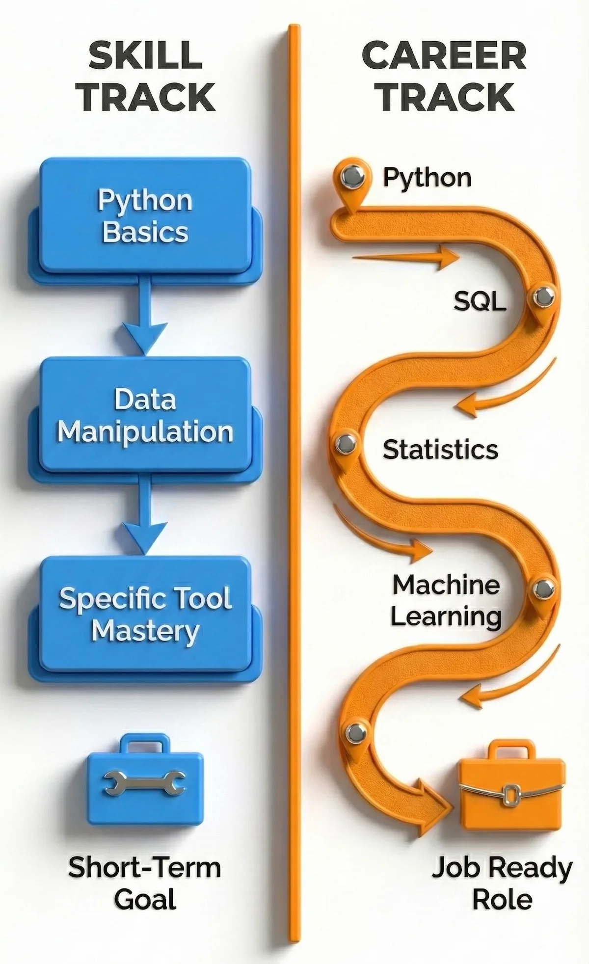 Comparison diagram illustrating the difference between DataCamp Skill Tracks for specific tools and Career Tracks for job readiness.