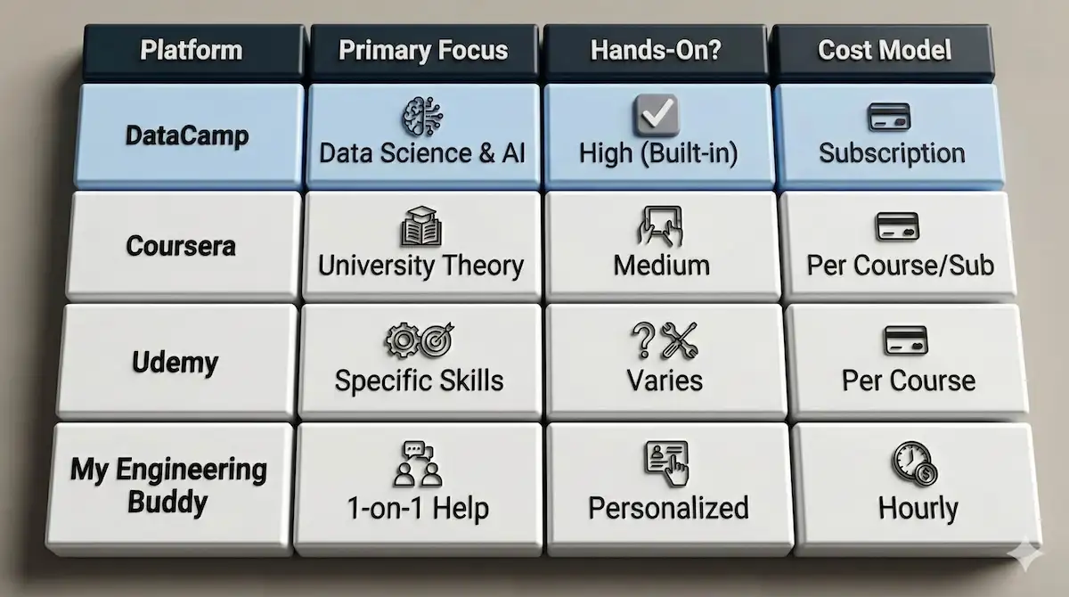 Comparison matrix of DataCamp versus Coursera, Udemy, and My Engineering Buddy focusing on cost, hands-on learning, and primary focus.