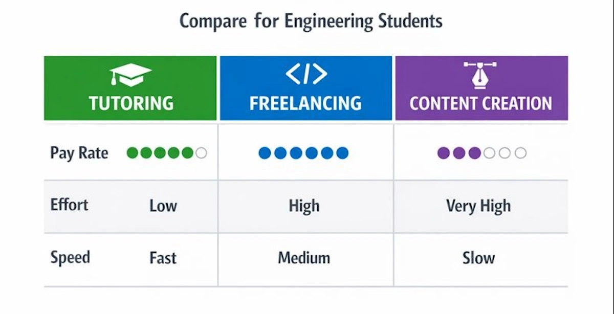 Comparison table of online earning methods for engineering students including Tutoring, Freelancing, and Content Creation.