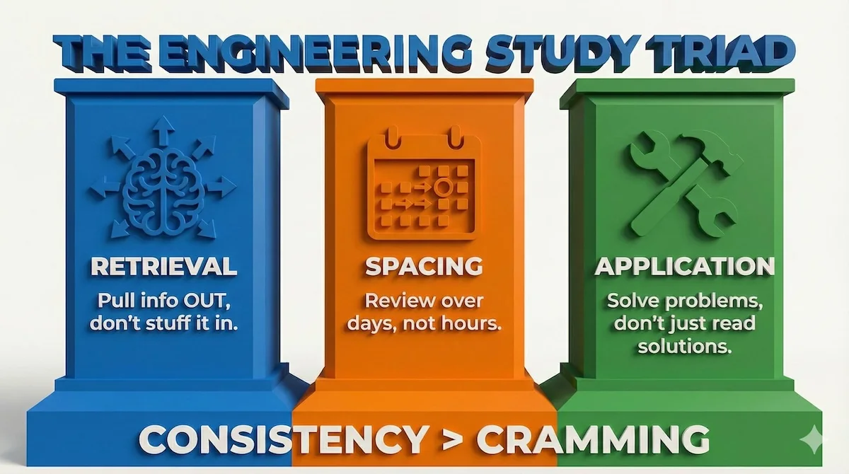 Summary of the three pillars of engineering study: Retrieval practice, Spaced repetition, and Practical application.