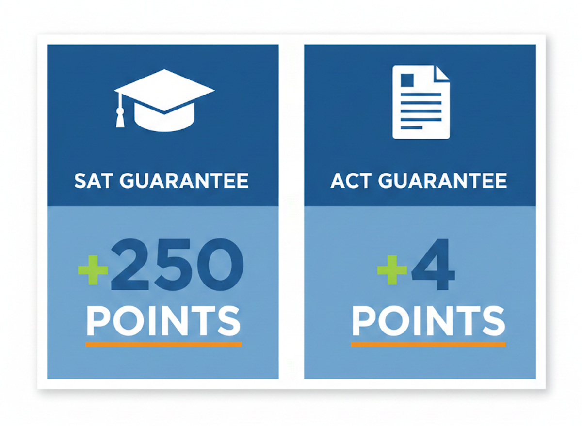 Infographic showing ePrep score improvement guarantees: +250 points for SAT and +4 points for ACT composite scores.
