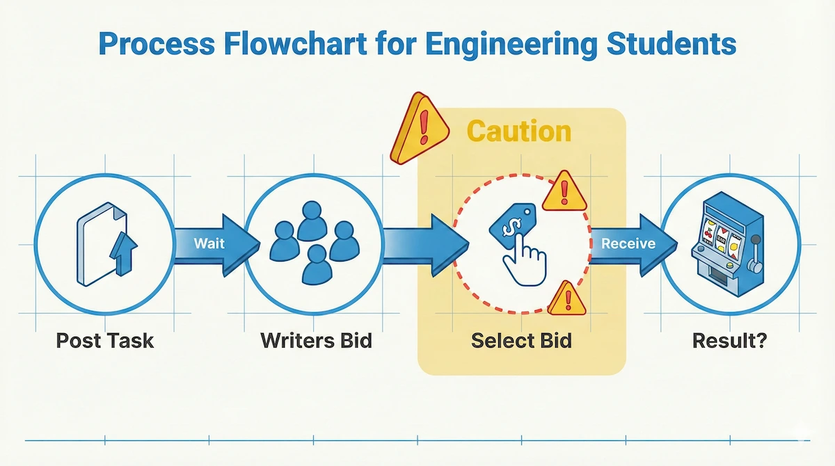 Flowchart illustrating the WiseEssays bidding process showing the risk of selecting unknown writers.