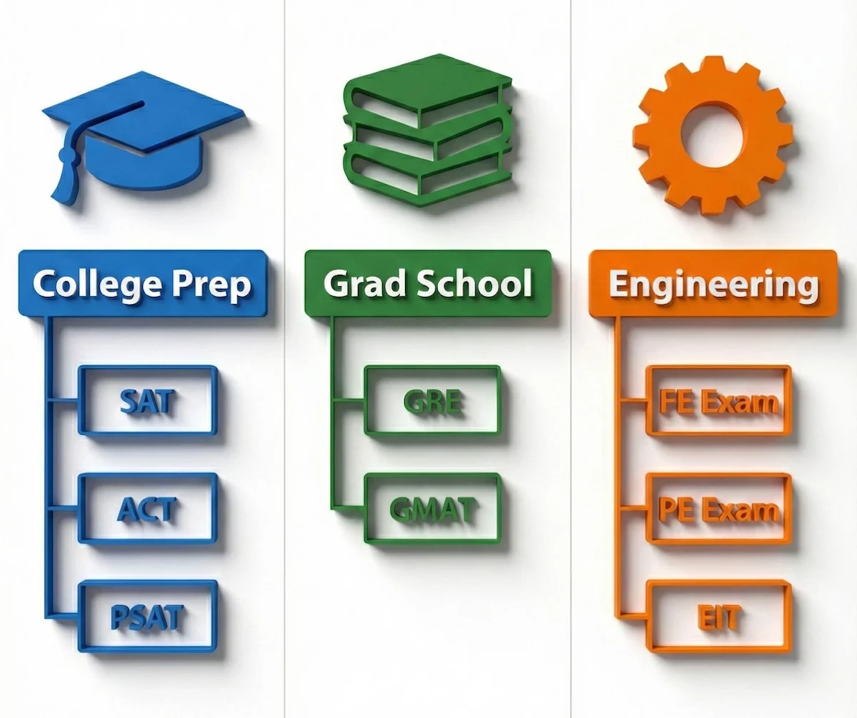Illustration showing Excel Test Prep course offerings including SAT, ACT, GRE, GMAT, and FE/PE engineering exams.