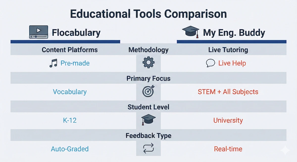 Comparison chart showing Flocabulary features versus My Engineering Buddy live tutoring services.