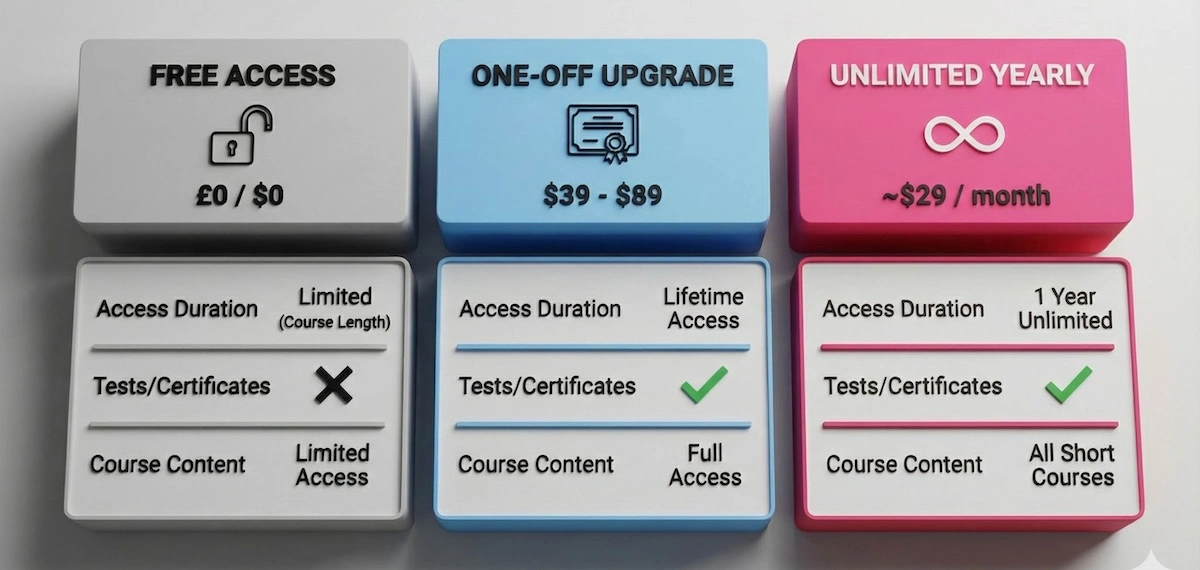 Comparison chart of FutureLearn pricing tiers: Free Access, One-off Upgrade ($39-89), and Unlimited Subscription ($29/mo).