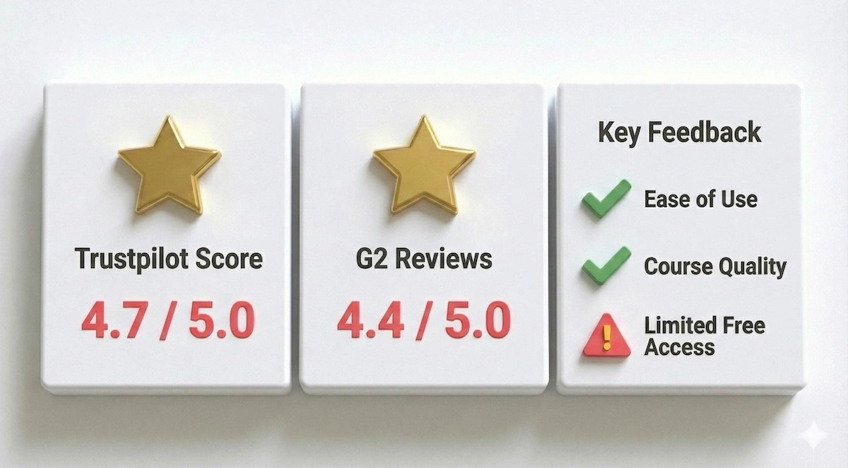 Dashboard showing FutureLearn user ratings: 4.7/5 on Trustpilot and 4.4/5 on G2, highlighting ease of use and course quality.