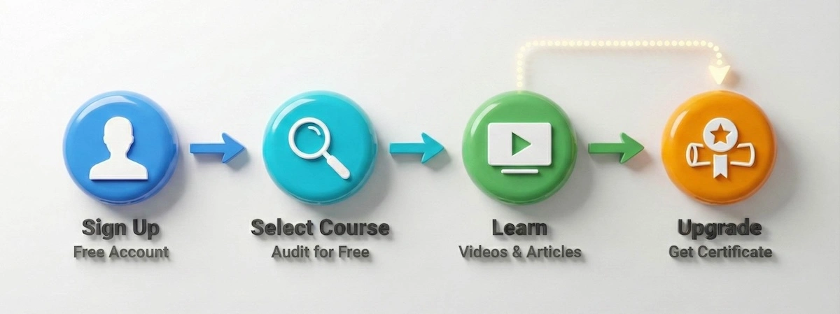 Timeline illustration showing the 4 steps to use FutureLearn: Sign up, Select Course, Learn, and optionally Upgrade for Certificate.