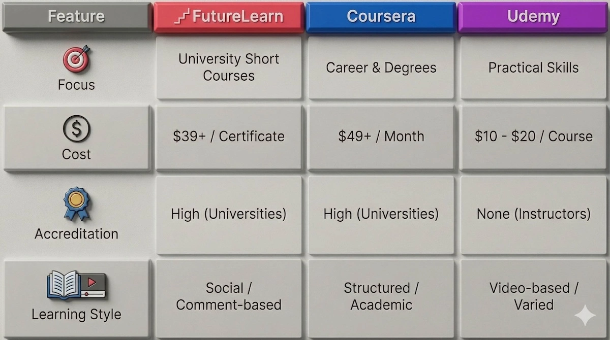 Comparison table showing differences between FutureLearn, Coursera, and Udemy in focus, cost, accreditation, and style.